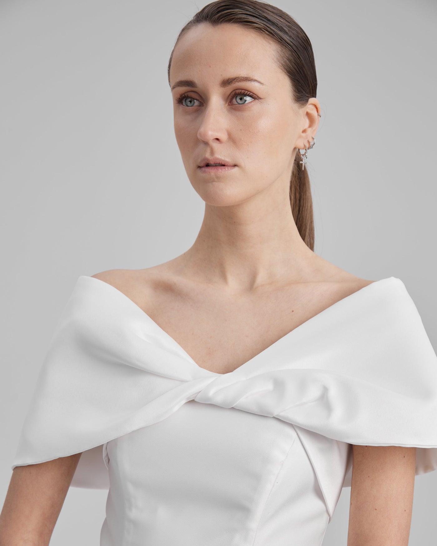 EVE DRESS + SHOULDER BOW | Strapless A line maxi dress in white