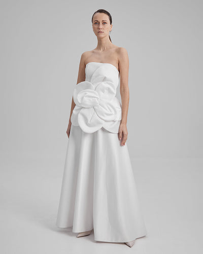 EVE DRESS + FLOWER | Strapless A line maxi dress in white