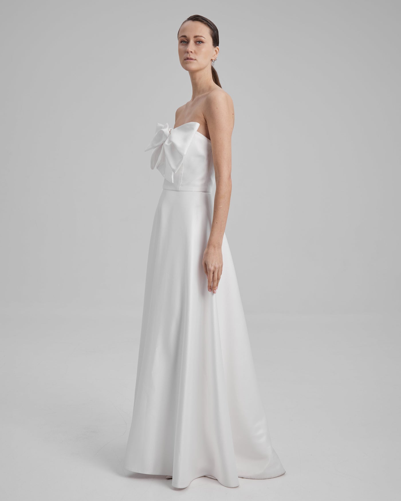 EVE DRESS + SMALL BOW | Strapless A line maxi dress in white