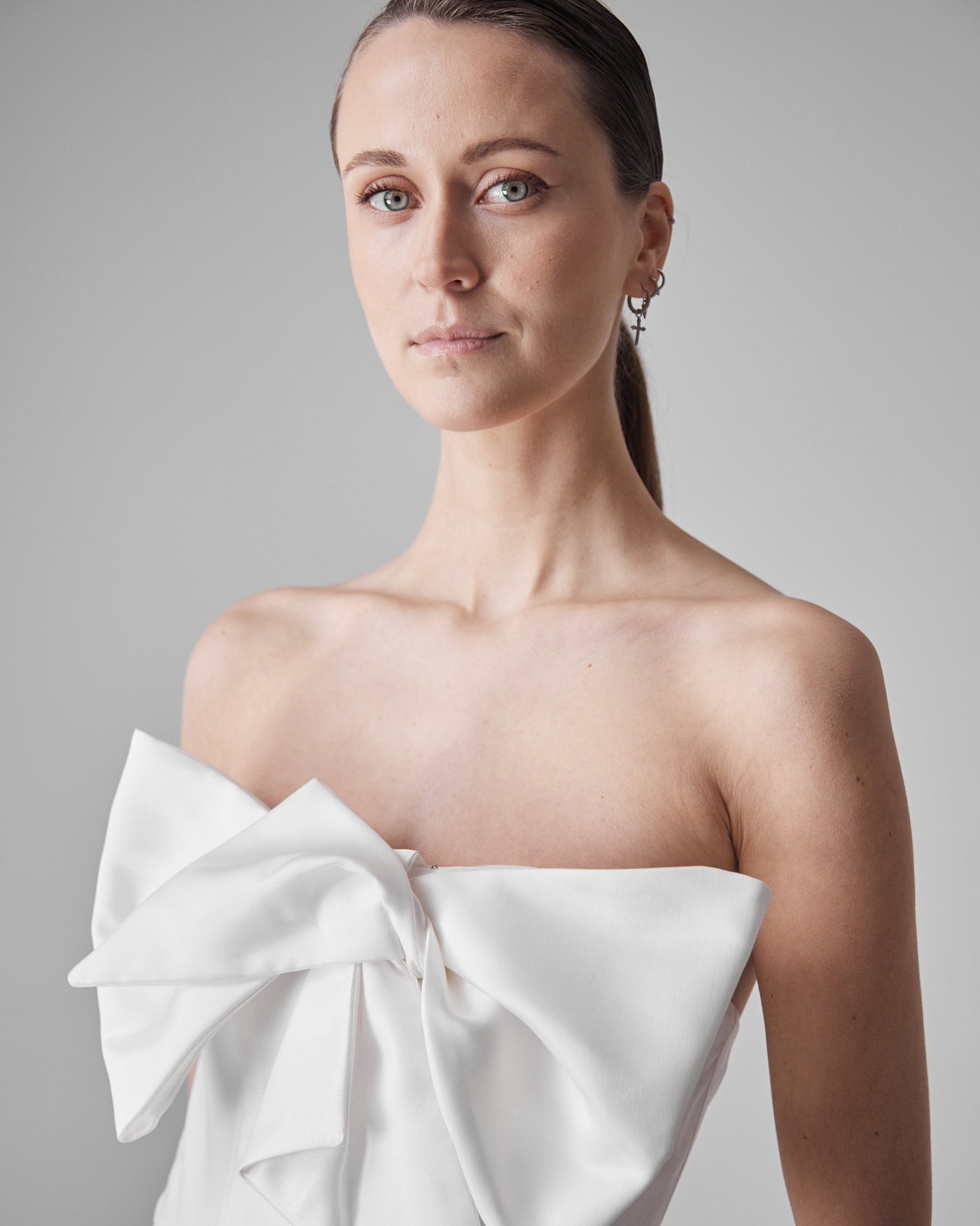 EVE DRESS + SMALL BOW | Strapless A line maxi dress in white