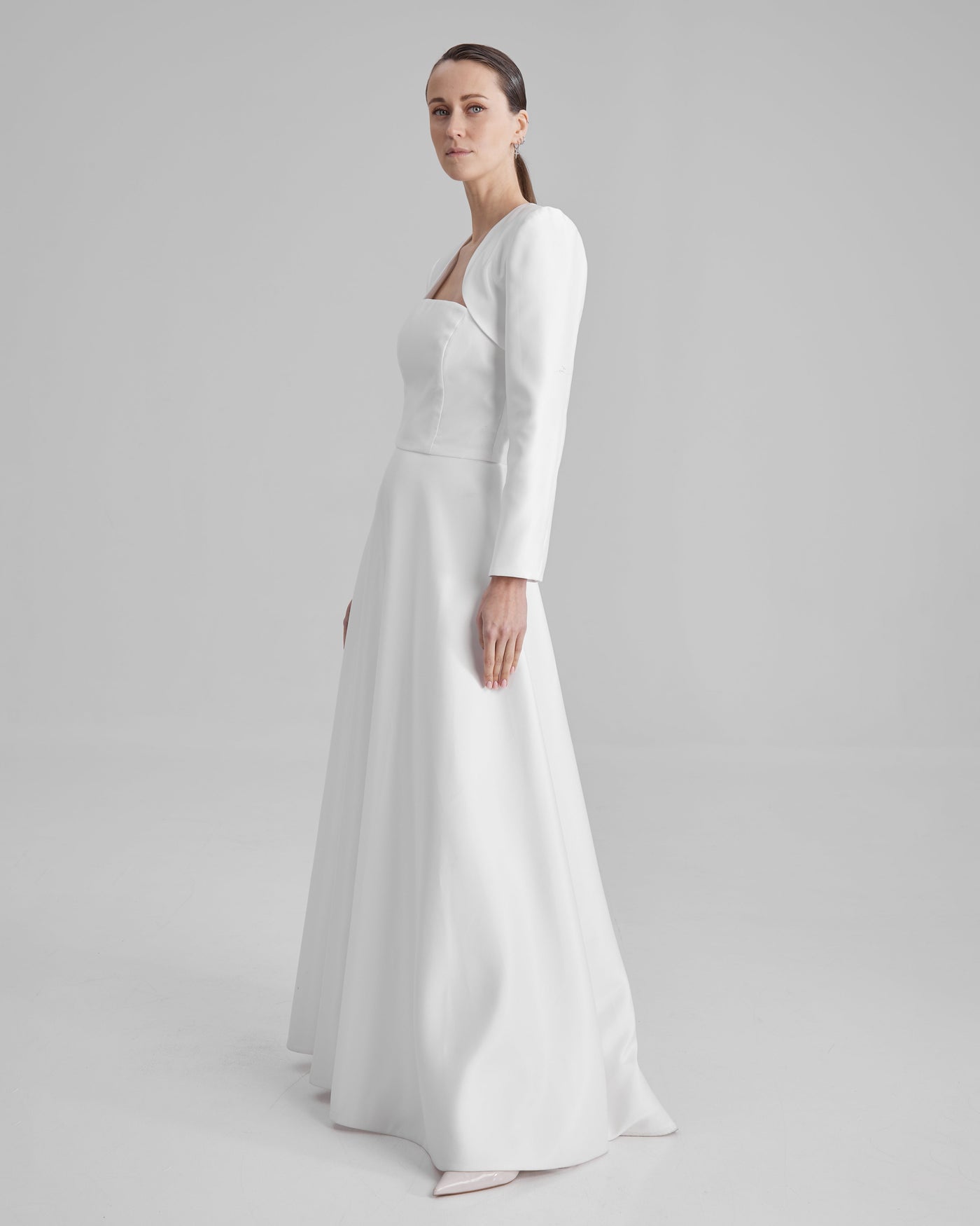 EVE DRESS + BOLERO | Strapless A line maxi dress in white