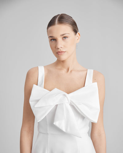 LUNA DRESS + SMALL BOW | square neckline mini in white