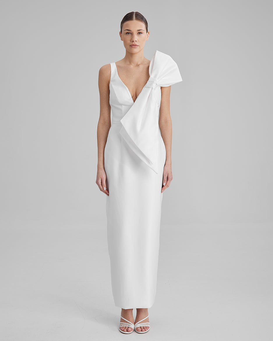 AVA DRESS + SIDE BOW | V neck pencil maxi in white