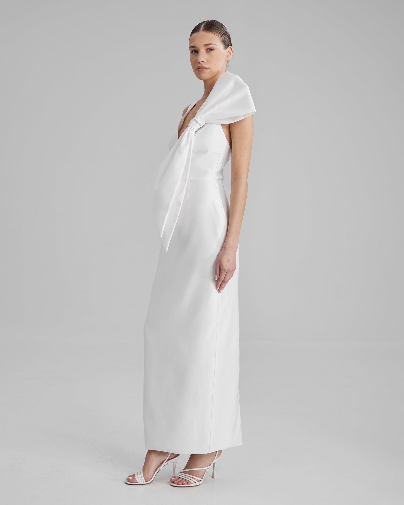 AVA DRESS + SIDE BOW | V neck pencil maxi in white