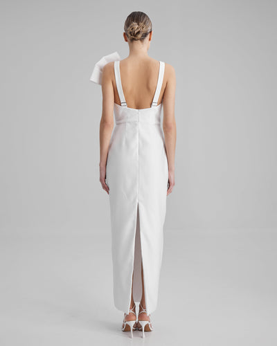 AVA DRESS + SIDE BOW | V neck pencil maxi in white