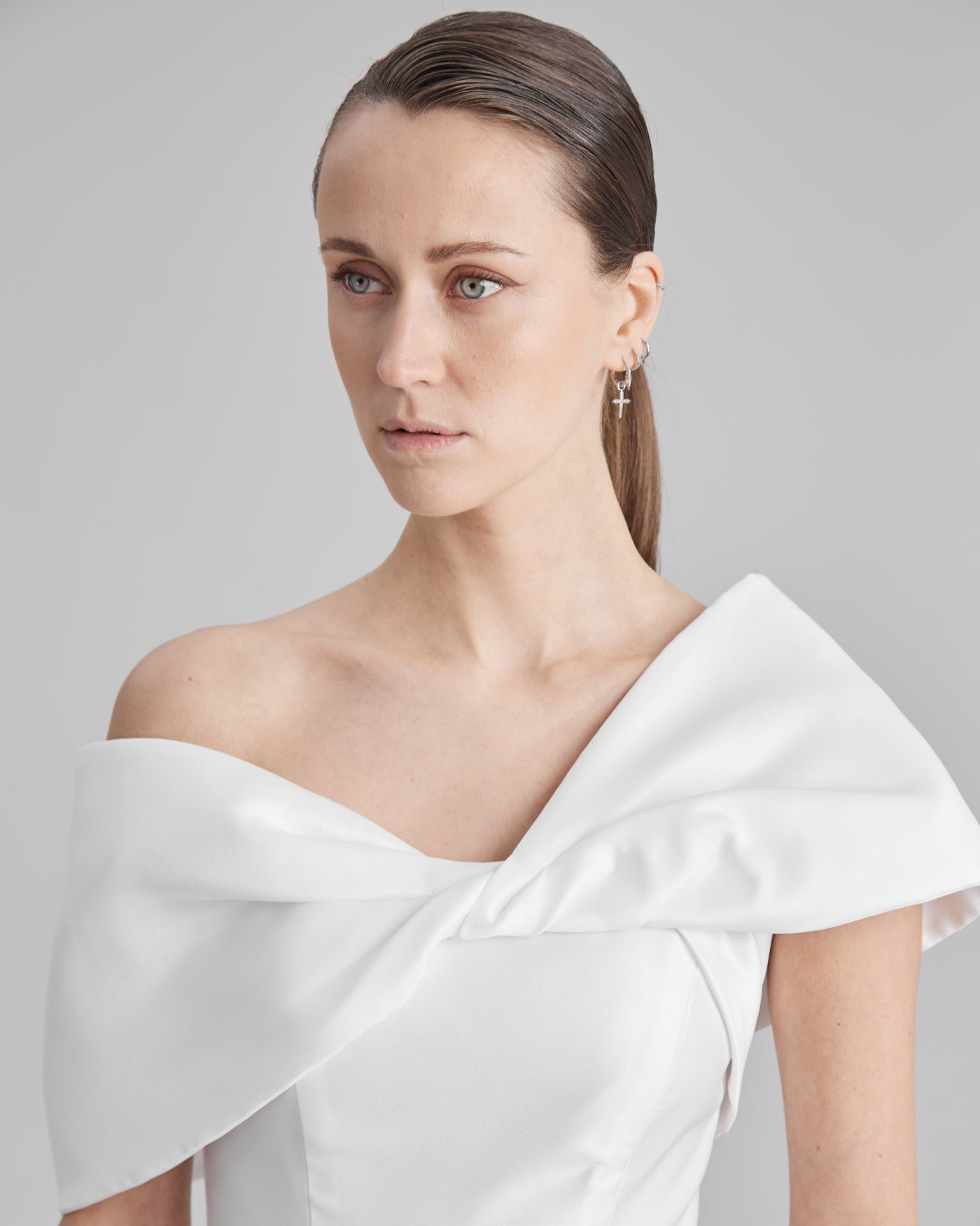 MIA DRESS + SHOULDER BOW | strapless midi in white