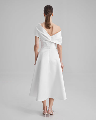 MIA DRESS + SHOULDER BOW | strapless midi in white