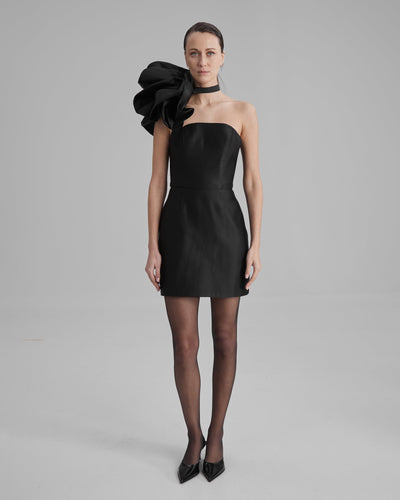 JOY DRESS + BIG FRILL | strapless column mini in black