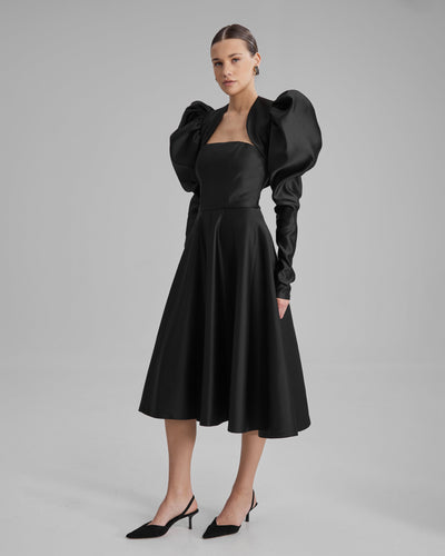 MIA DRESS + PUFFED SLEEVE BOLERO | strapless A line midi in black