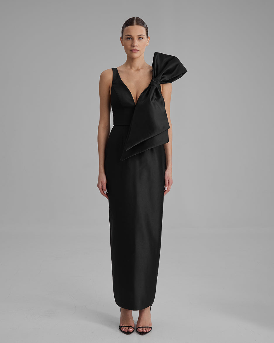 AVA DRESS + SIDE BOW | V neck pencil maxi in black