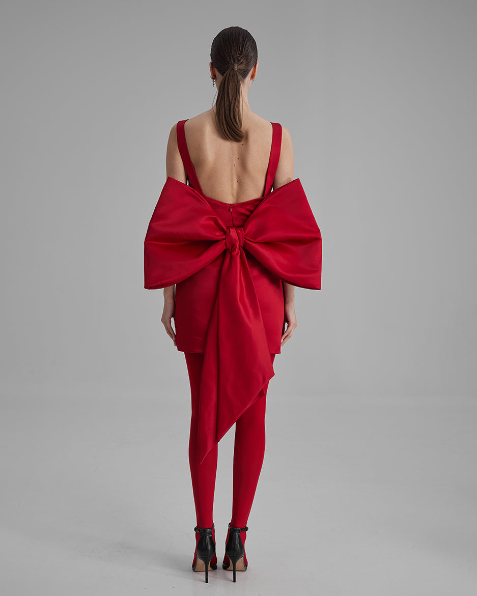 LUNA DRESS + BIG BOW | square neckline mini in red