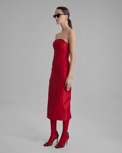 KIRA DRESS | strapless pencil midi in red