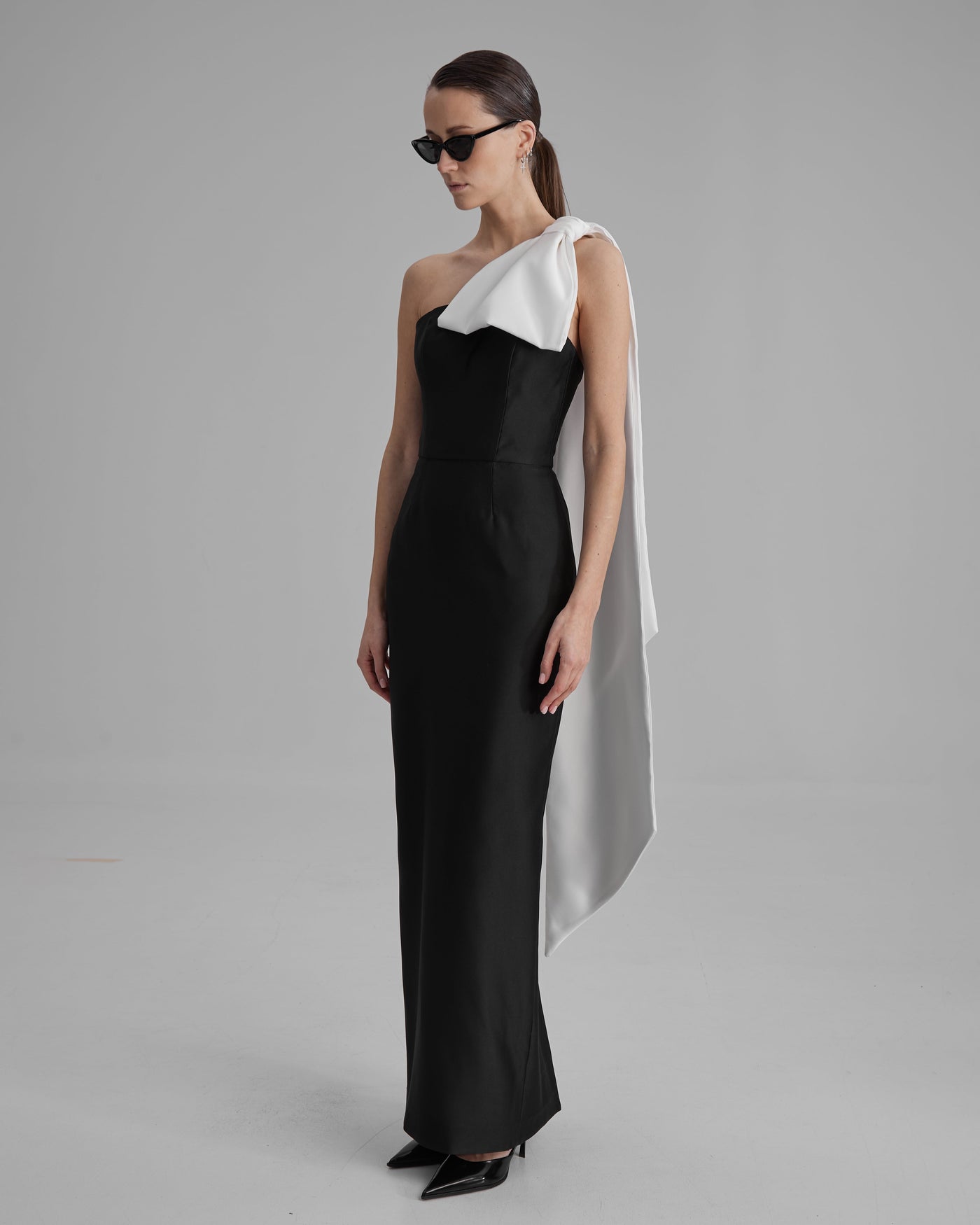 GIGI DRESS + CAPE BOW | strapless cone maxi in black