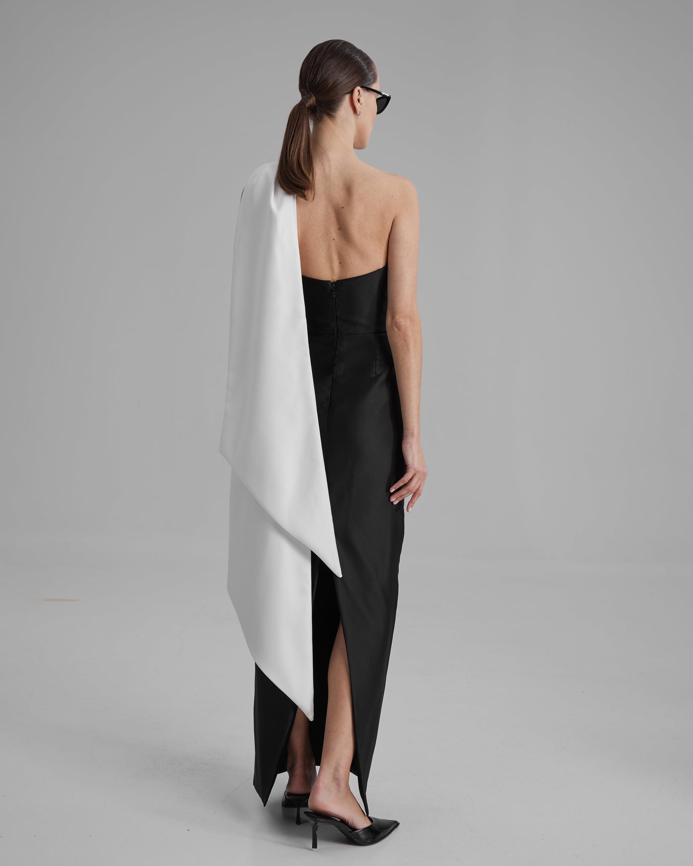 GIGI DRESS + CAPE BOW | strapless cone maxi in black