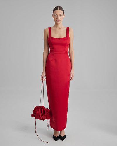 IDA DRESS | square neckline cone maxi in red