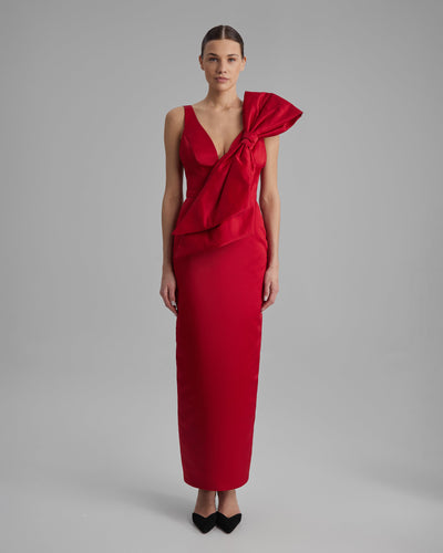 AVA DRESS + SIDE BOW | V neck pencil maxi in red