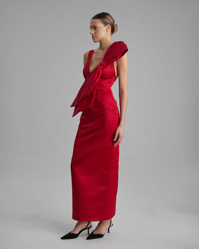 AVA DRESS + SIDE BOW | V neck pencil maxi in red