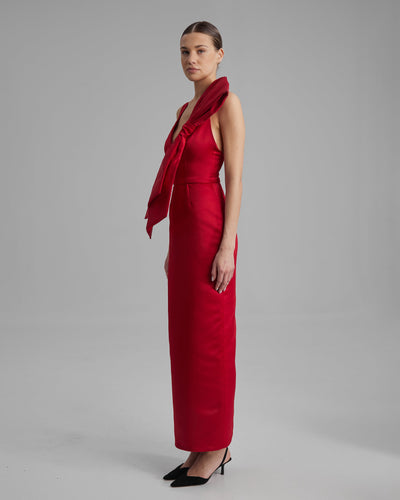 AVA DRESS + SIDE BOW | V neck pencil maxi in red