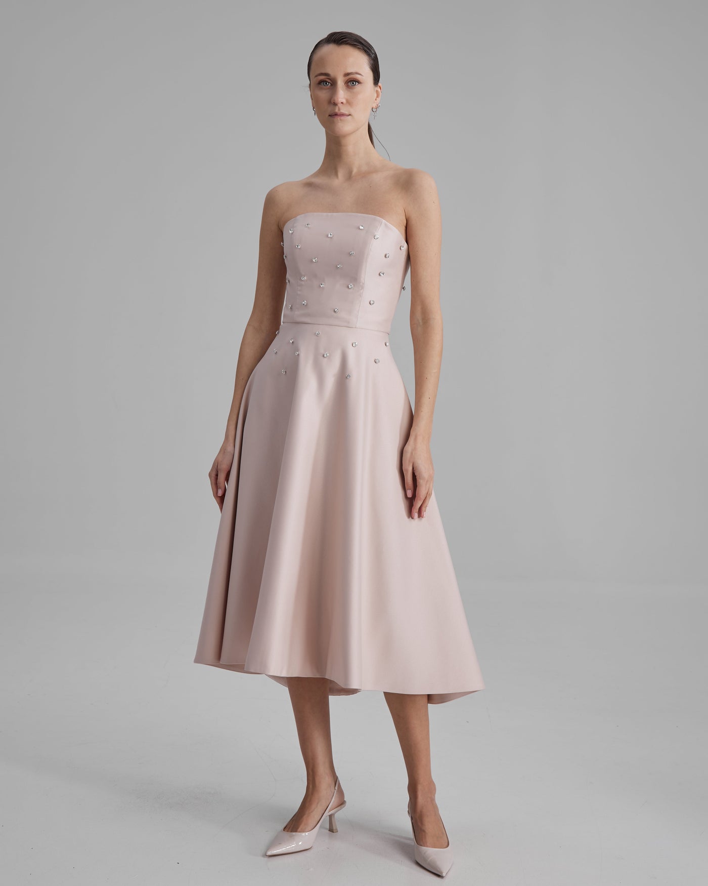 MIA DRESS + DIAMONDS | strapless A line midi in nude