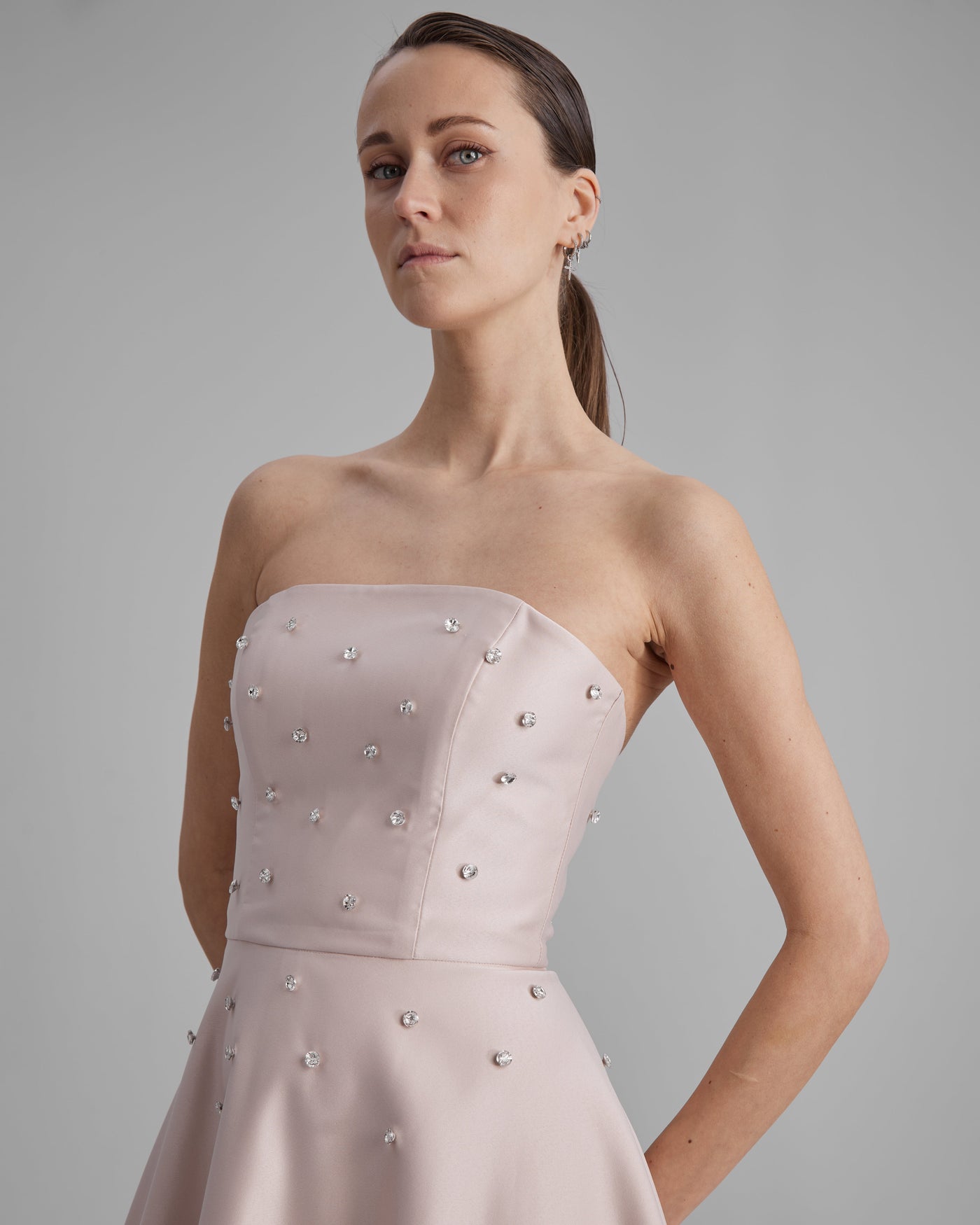 MIA DRESS + DIAMONDS | strapless A line midi in nude