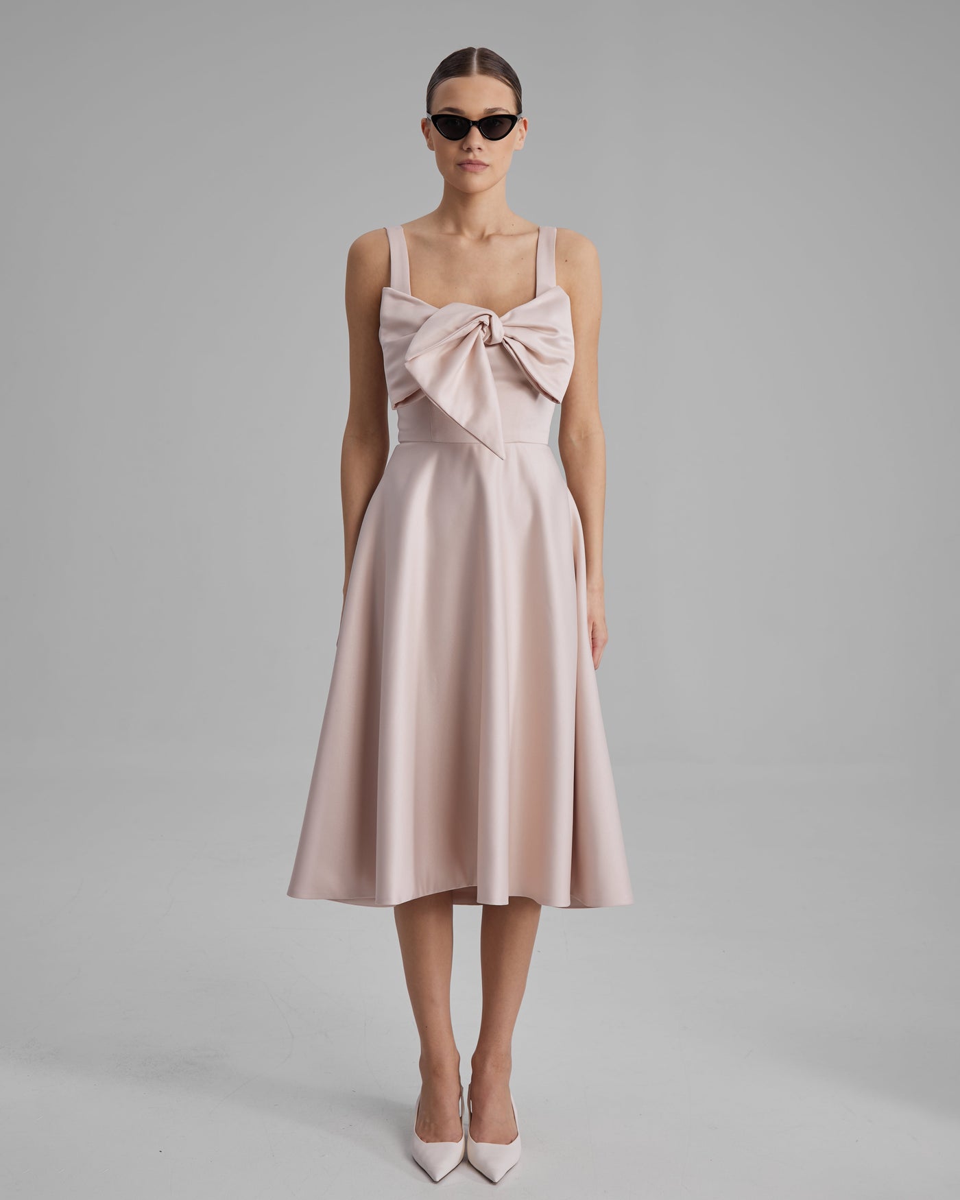 RUBY DRESS + SMALL BOW | square neckline A line midi in nude