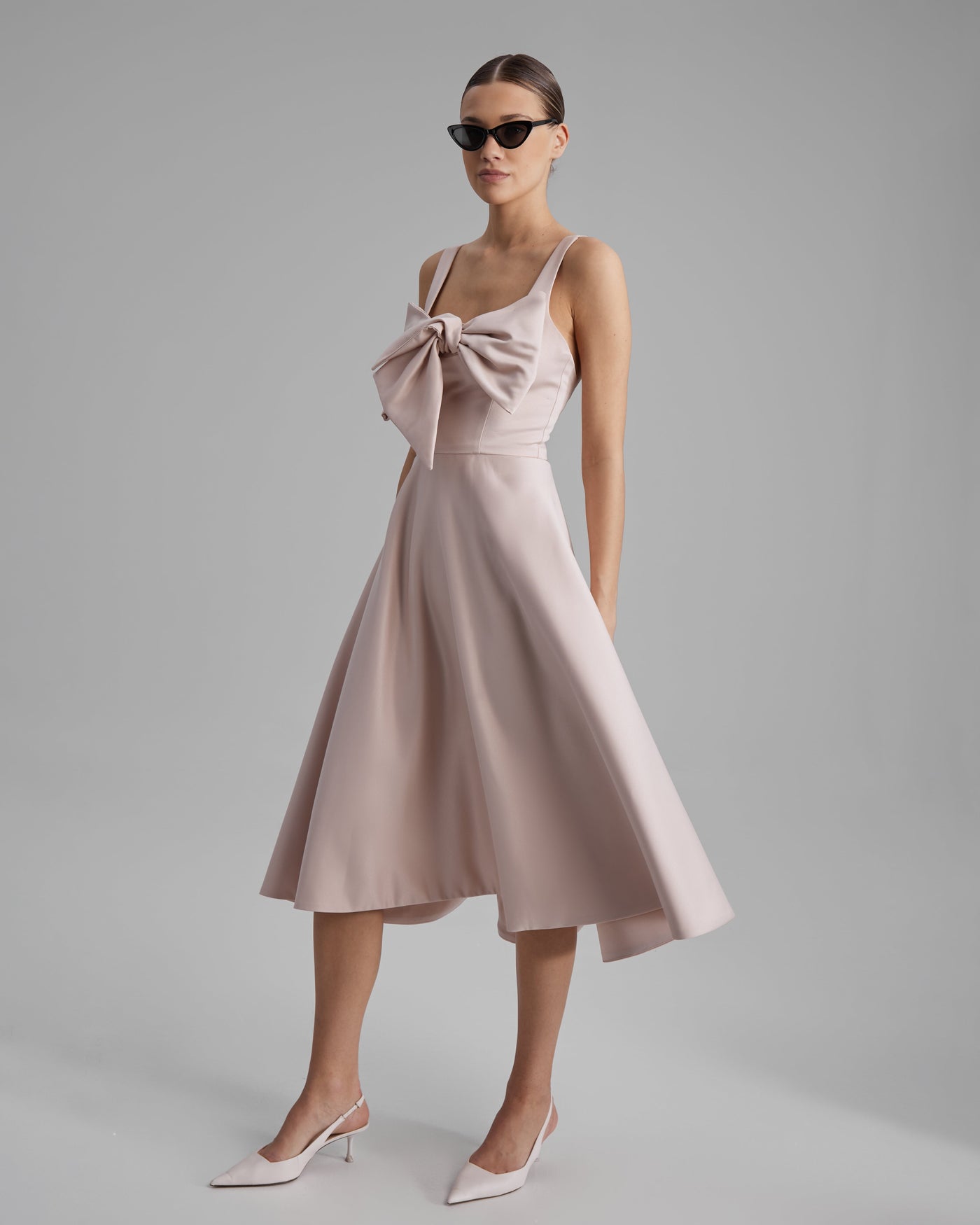 RUBY DRESS + SMALL BOW | square neckline A line midi in nude