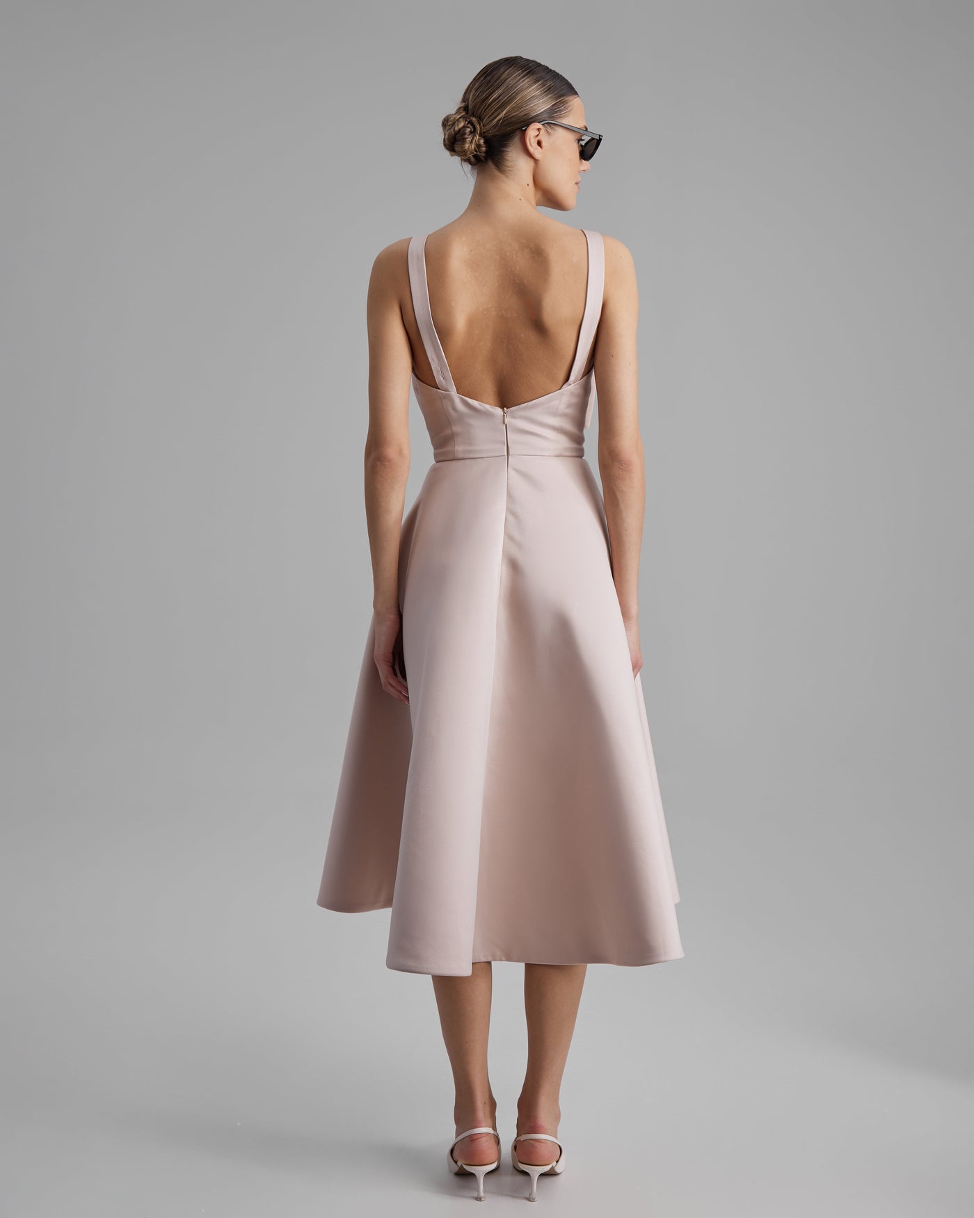 RUBY DRESS + SMALL BOW | square neckline A line midi in nude