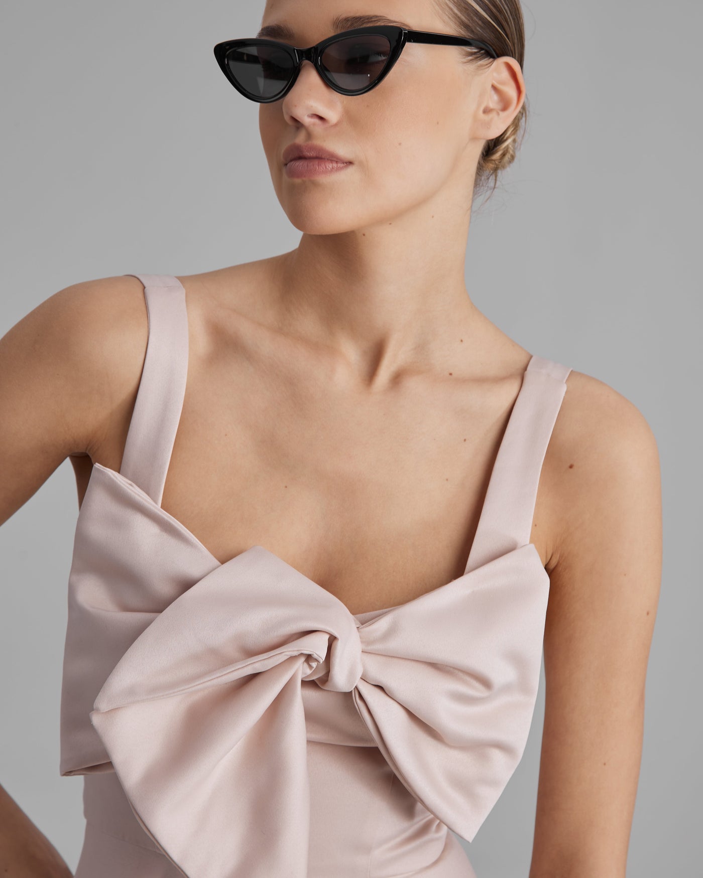 RUBY DRESS + SMALL BOW | square neckline A line midi in nude