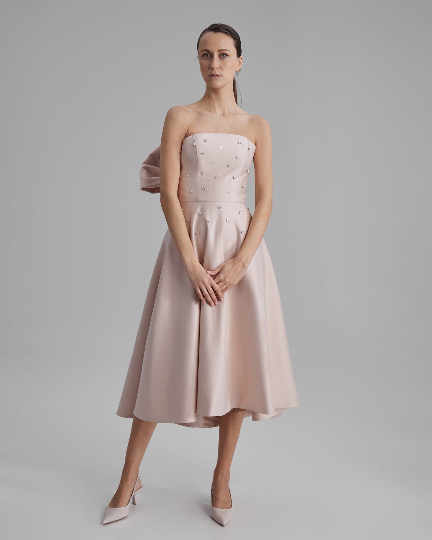 MIA DRESS WITH DIAMONDS + SIDE BOW | strapless midi in nude