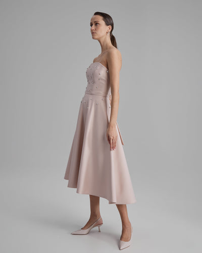 MIA DRESS WITH DIAMONDS + SIDE BOW | strapless midi in nude