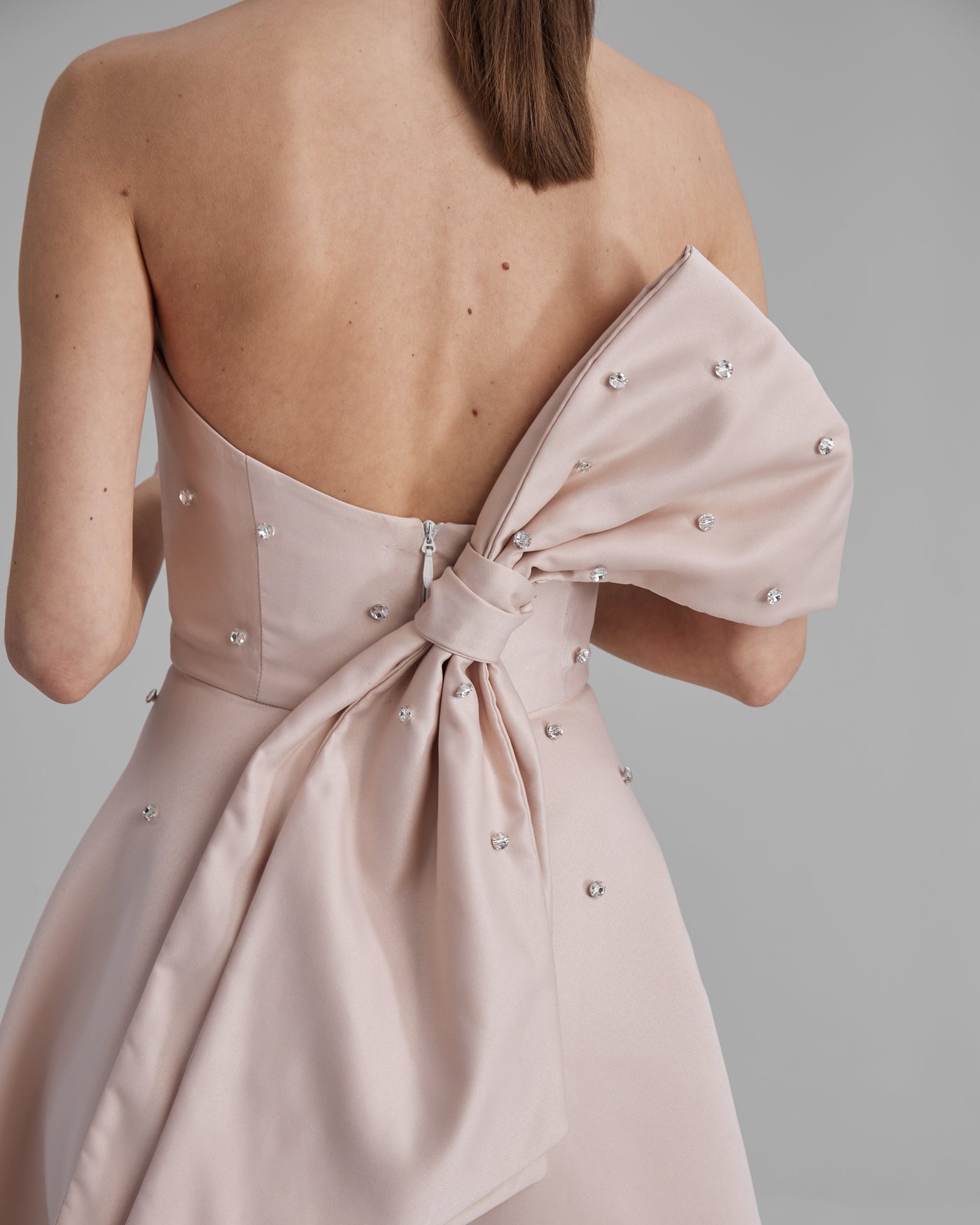 MIA DRESS WITH DIAMONDS + SIDE BOW | strapless midi in nude