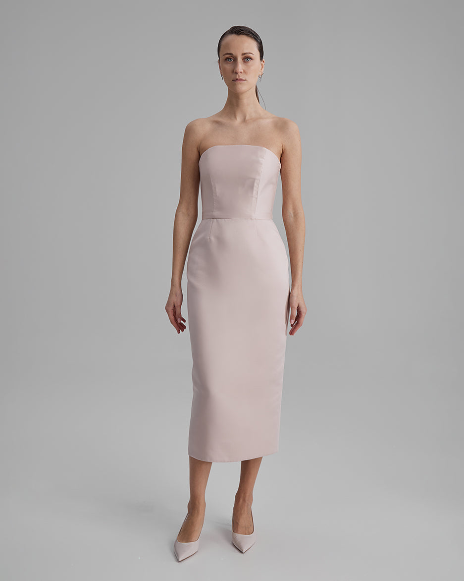 KIRA DRESS | strapless pencil midi in apricot pink