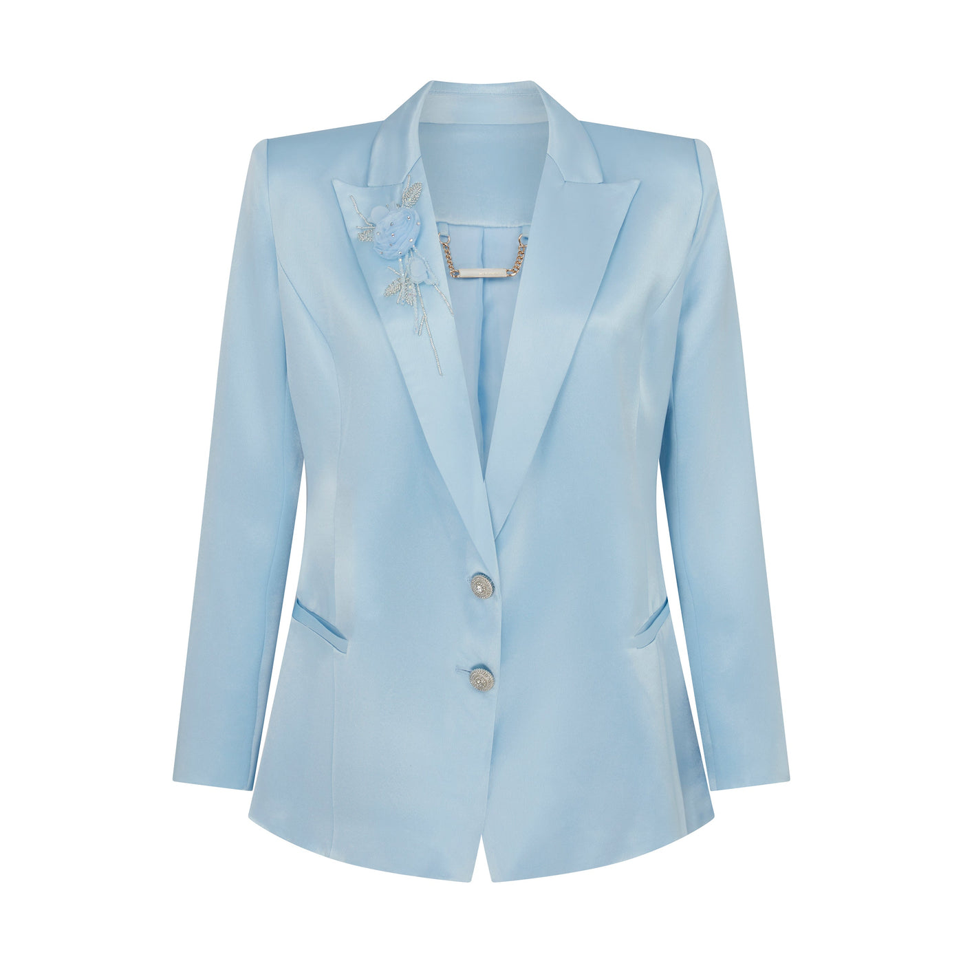 SOUR FIGS Embellished Satin Blazer Jacket in Baby BlueSOUR FIGS Floral Applique Crystal Embellished Satin Blazer Jacket in Baby Blue