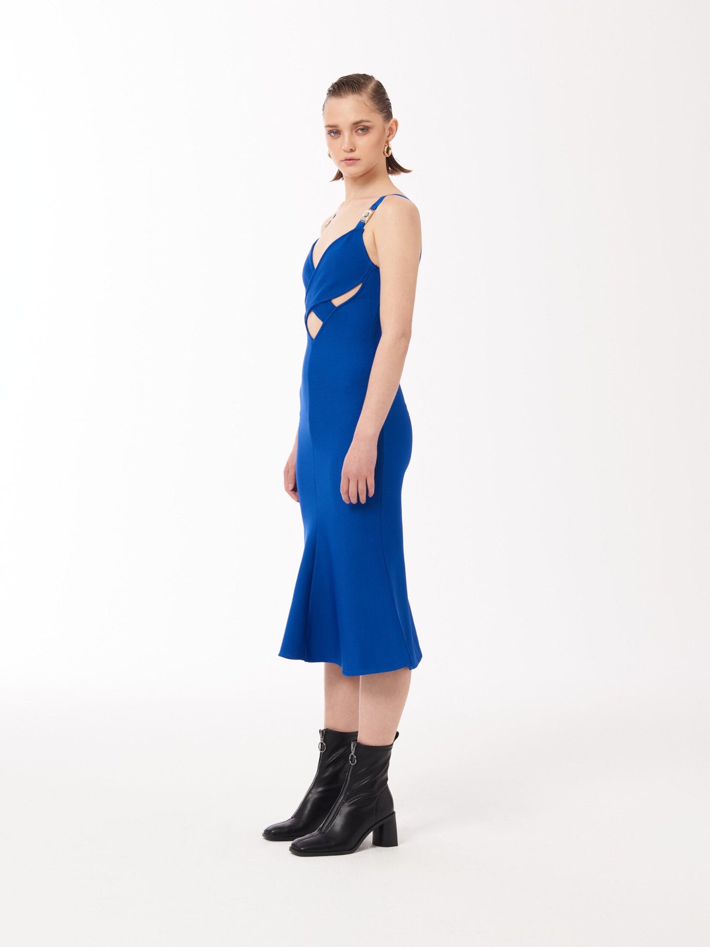 Blue bandage fishtail dress with cut out design