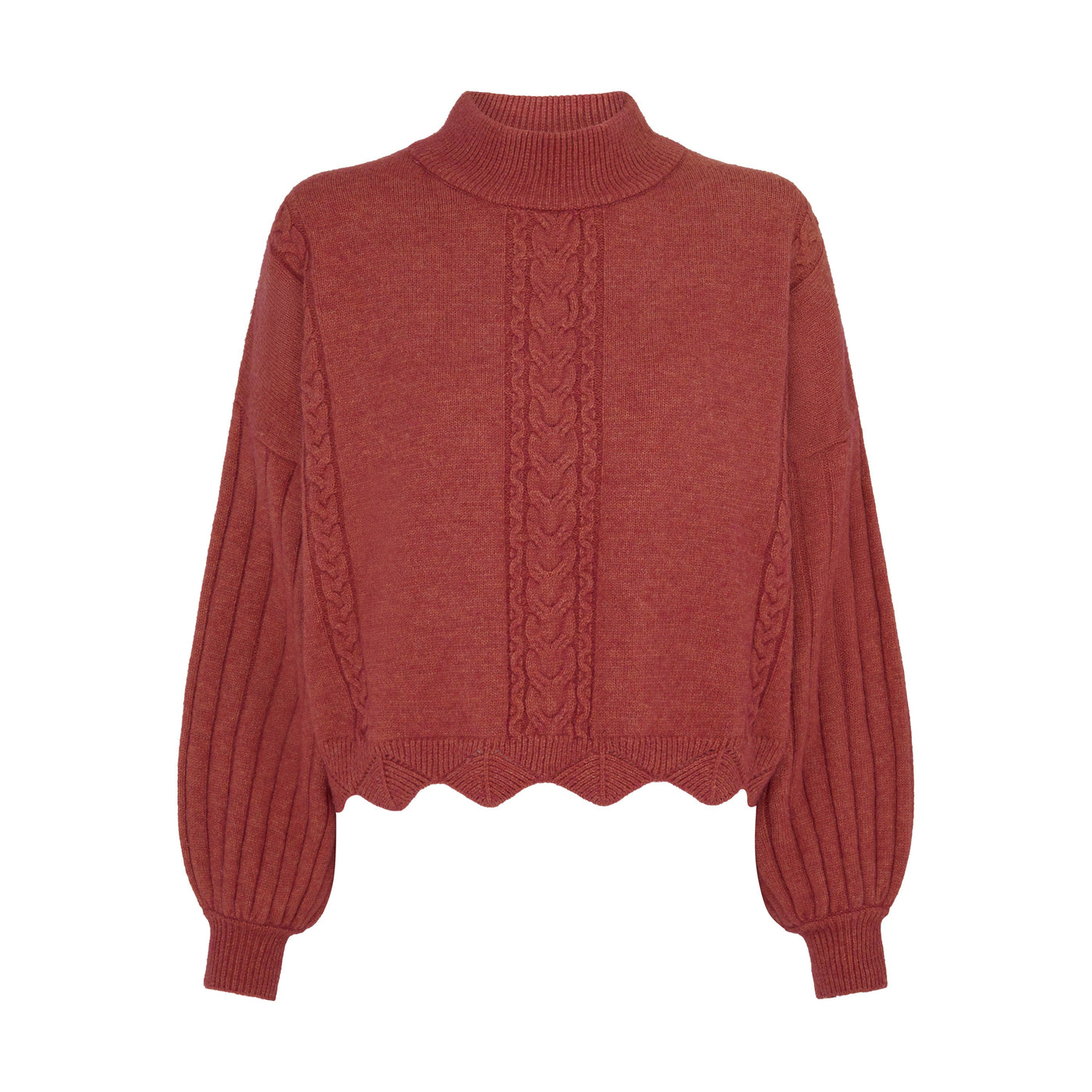 SOUR FIGS Batwing Sleeves Scallop Edge Knit Jumper in Brick Red