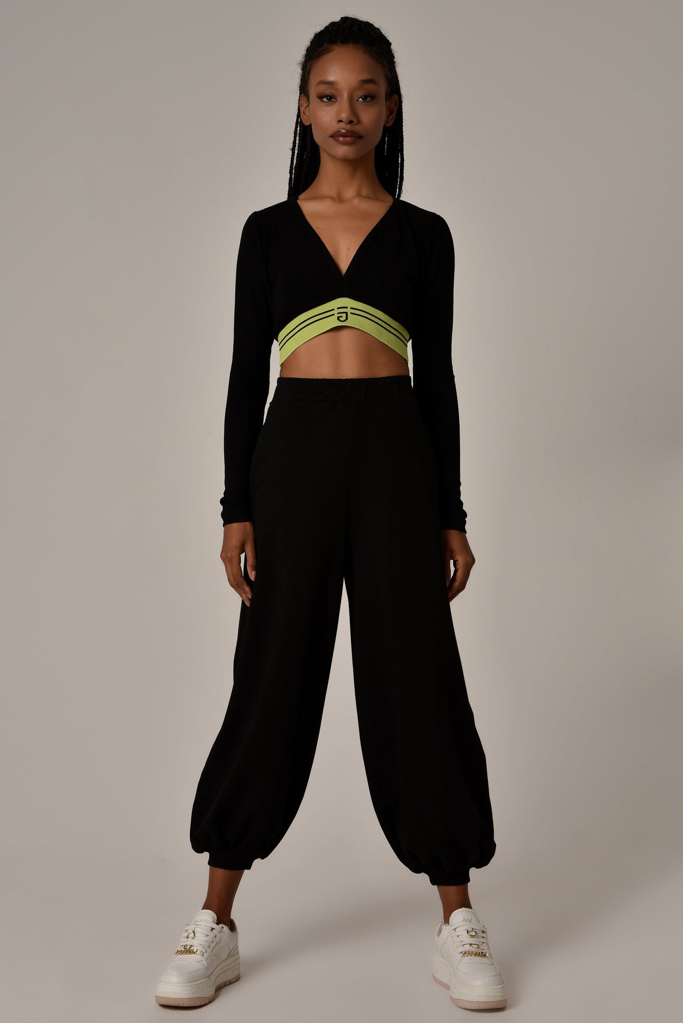 Deep V Crop Top Black/Lime