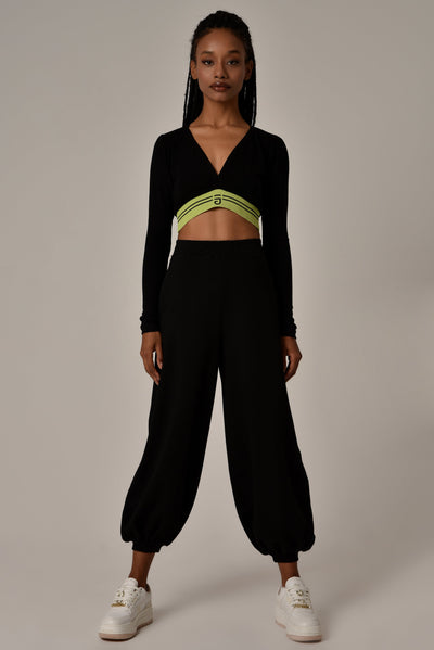 Deep V Crop Top Black/Lime