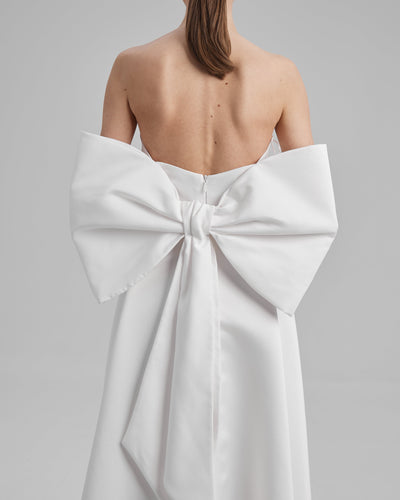 EVE DRESS + BIG BOW | Strapless A line maxi dress in white