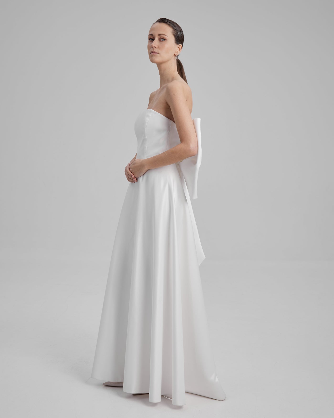 EVE DRESS + BIG BOW | Strapless A line maxi dress in white