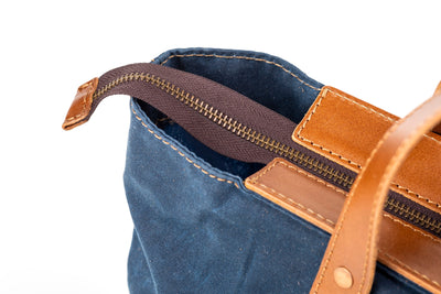 Leather Tote In Waxed Cotton Made in USA Blue