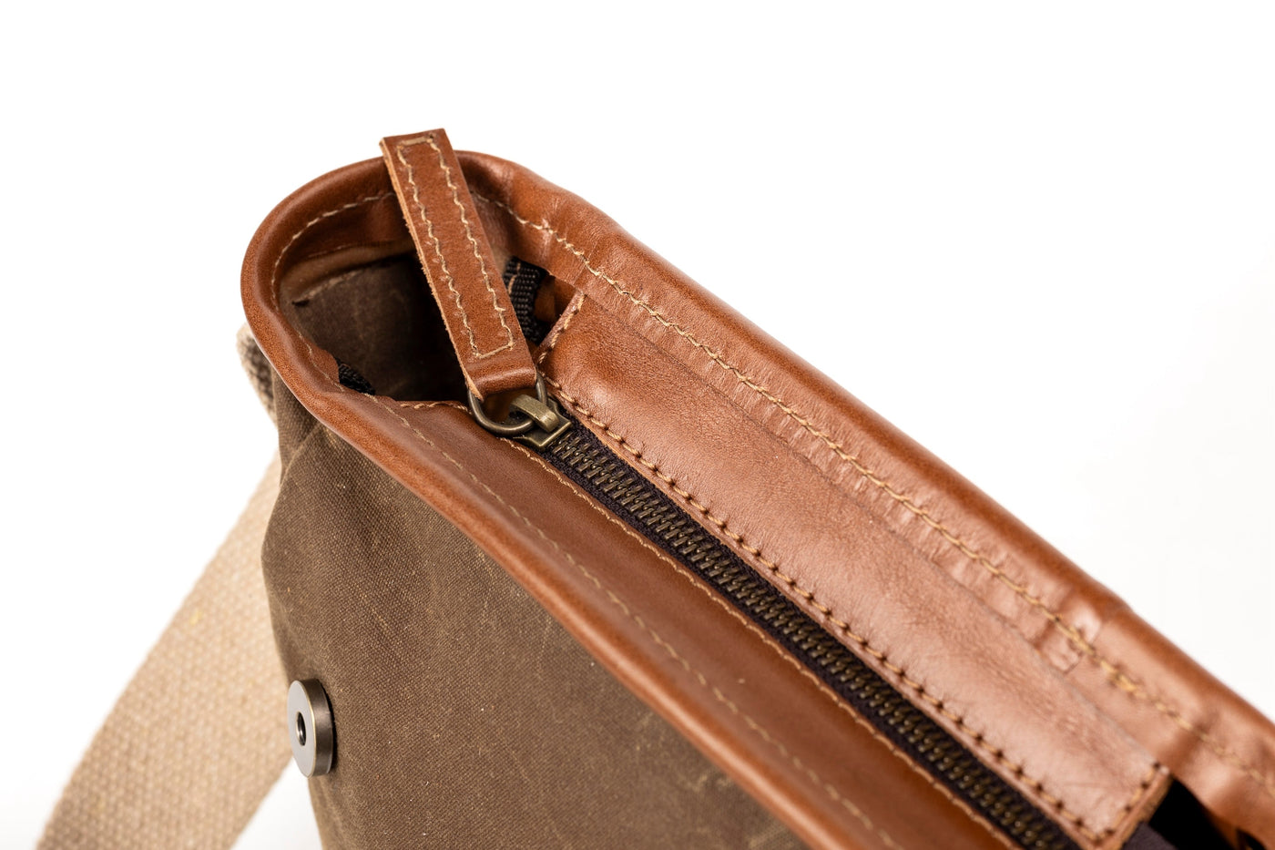 Leather Messenger In Waxed Cotton Made in USA Brown