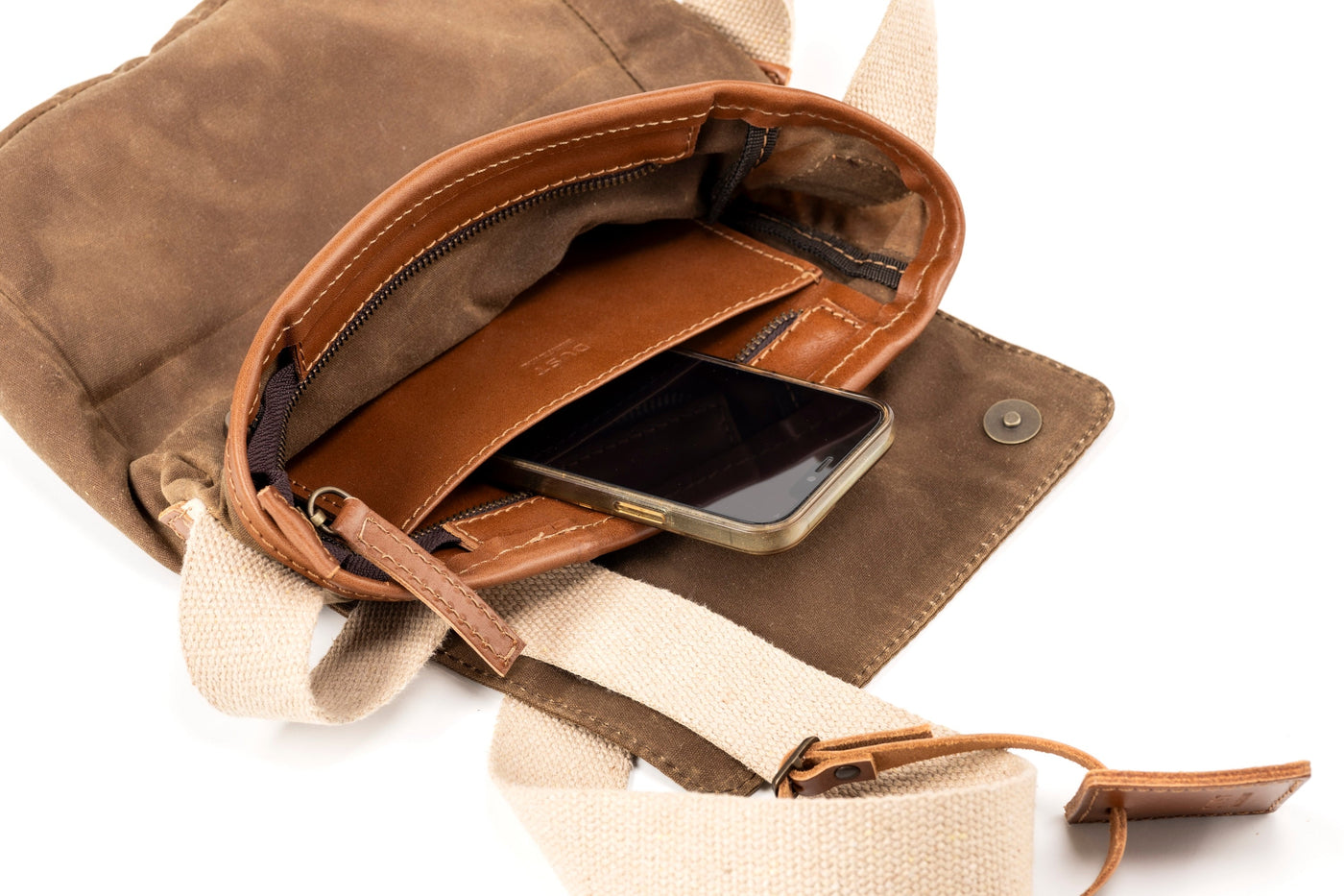 Leather Messenger In Waxed Cotton Made in USA Brown