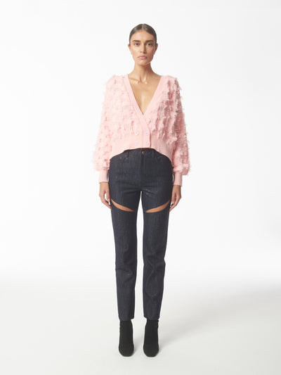 SOUR FIGS Fringed Checkerboard Cardigan in Pink