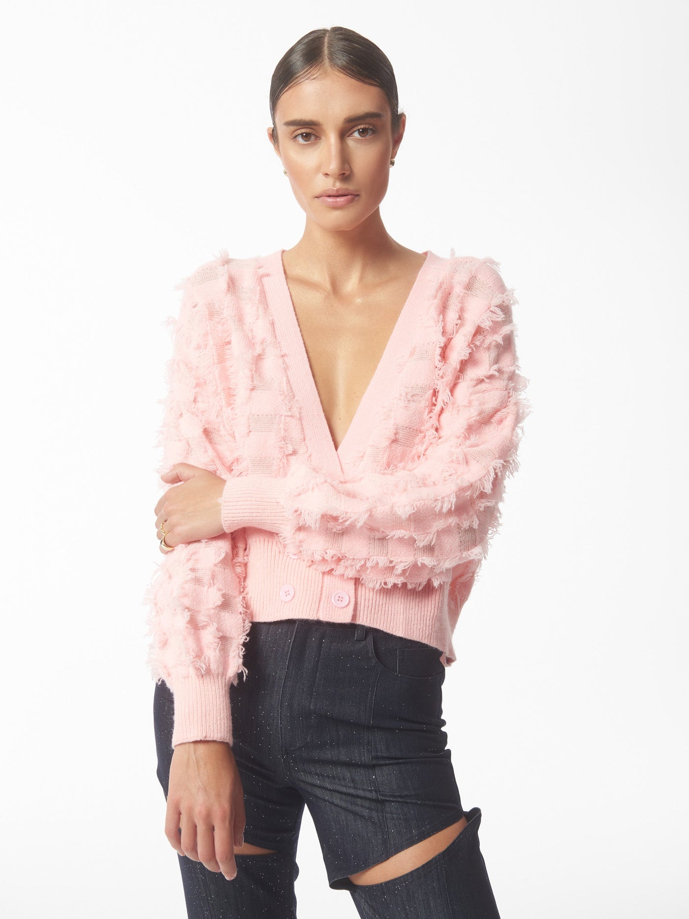 SOUR FIGS Fringed Cardigan in Pink