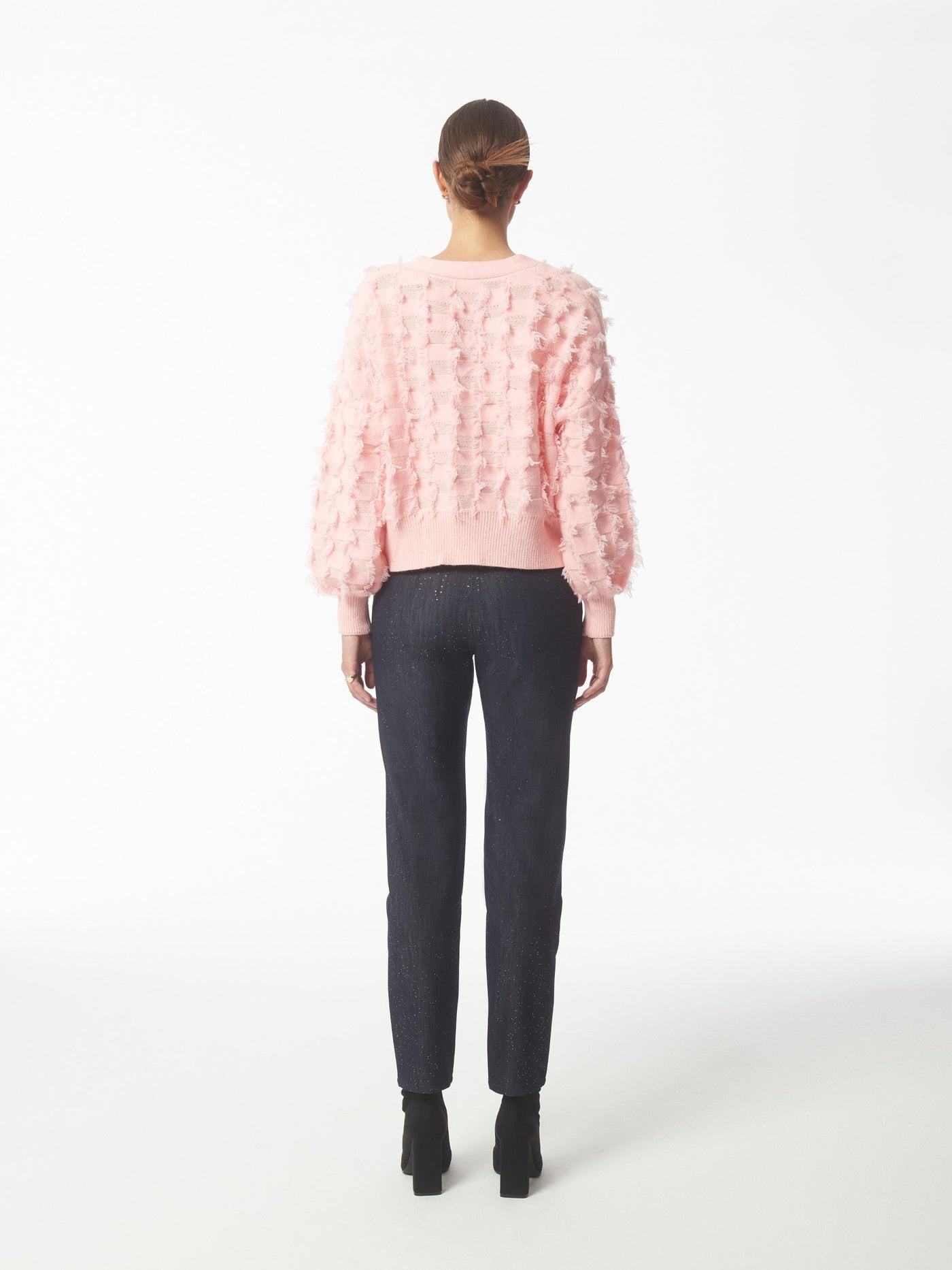 SOUR FIGS Fringed Cardigan with Checkered Pattern in Pink