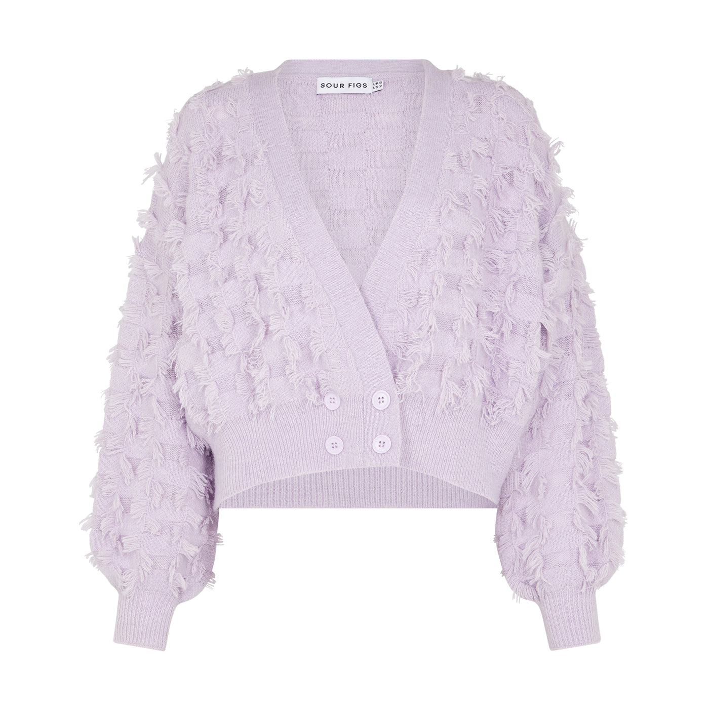 SOUR FIGS Fringed Checkerboard Cardigan II in Wisteria Purple