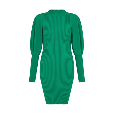 SOUR FIGS Funnel Neck Puff Sleeve Jumper Dress in Green Haze