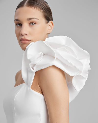 GIGI DRESS + FRILL | strapless cone maxi in white