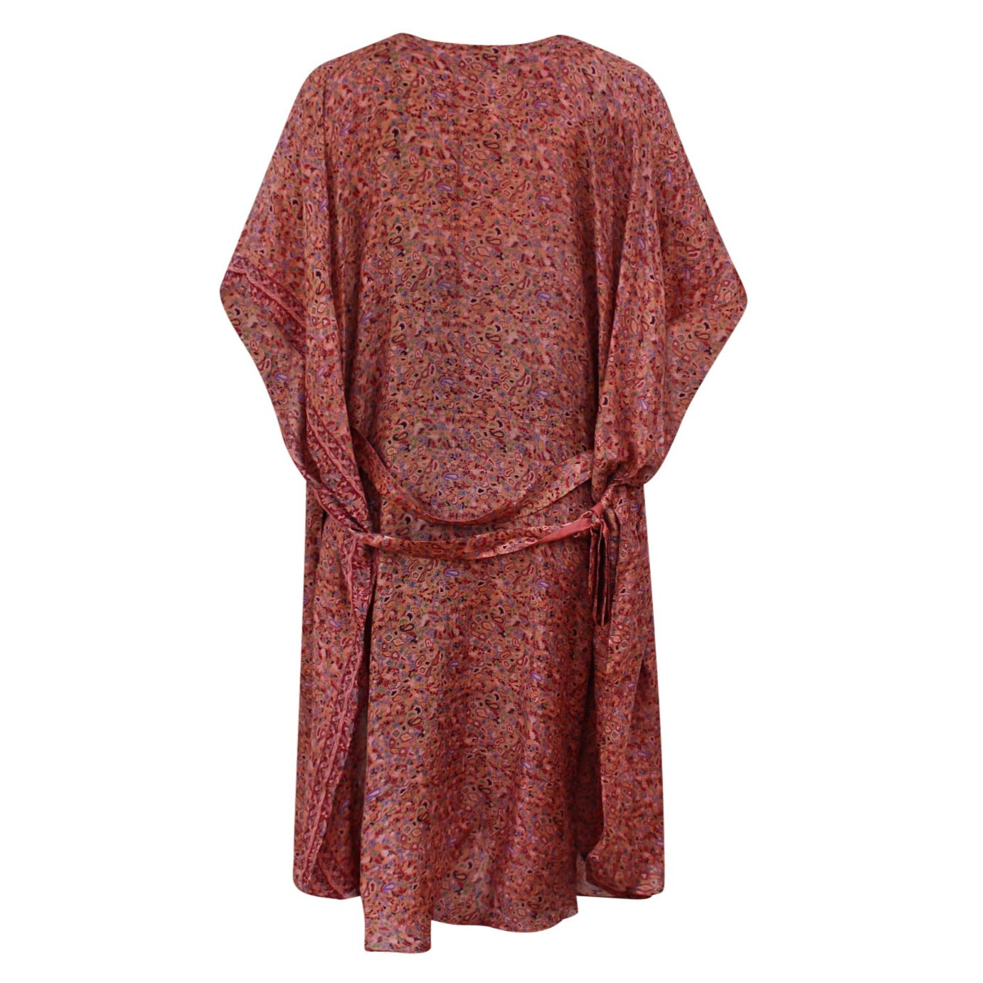 Neem - Vintage Silk Sari Saffron Paisley Print Kimono Style Wrap Dress flat shot back