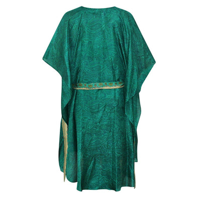 Neem - Vintage Silk Sari Emerald Paisley Print Kimono Style  Wrap Dress